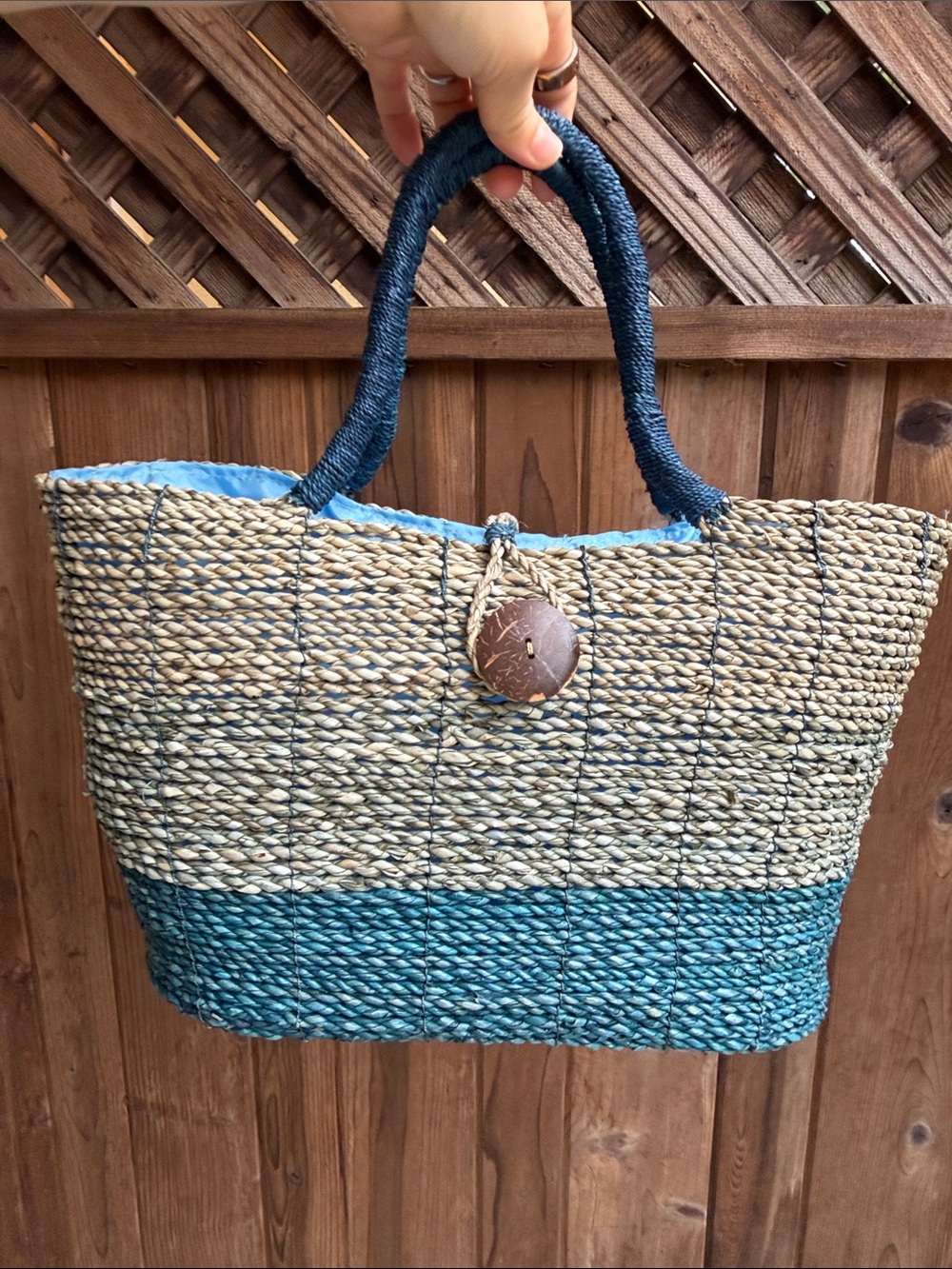 Blue Two-Tone Straw Tote Bag